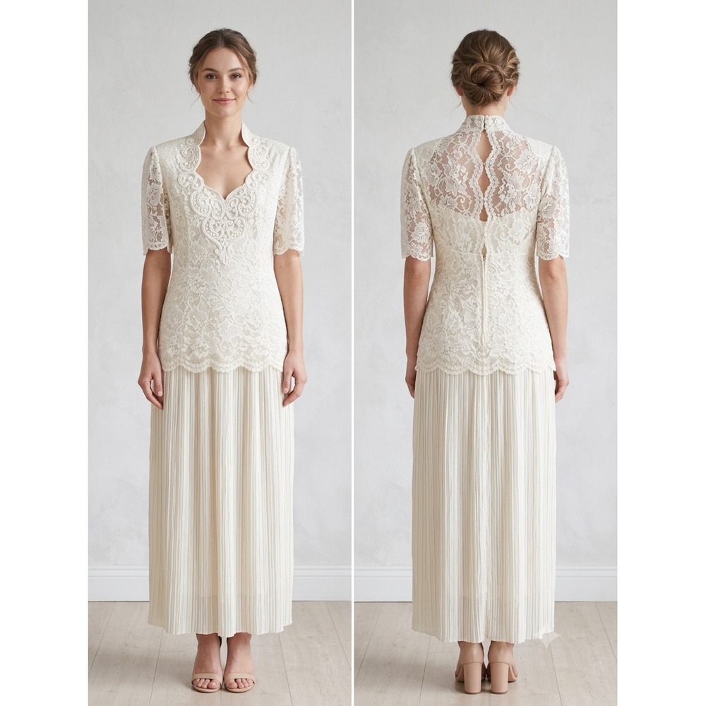 Vintage Scott McClintock Ivory Cream Lace Pleated Dress Evening Gown Size 14